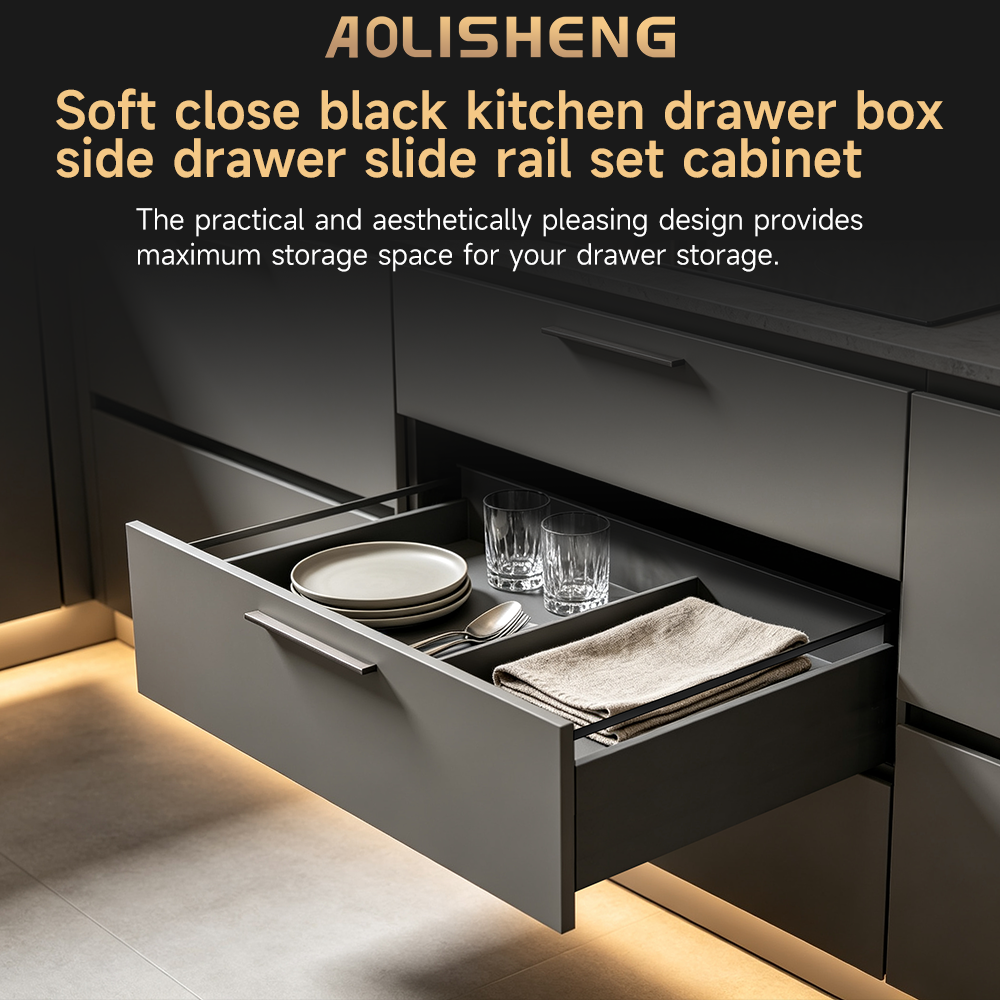 AOLISHENG Soft Close Black Kitchen Drawer Box Side Drawer Slide Rail Set Cabinet 1Pair——Height84mm