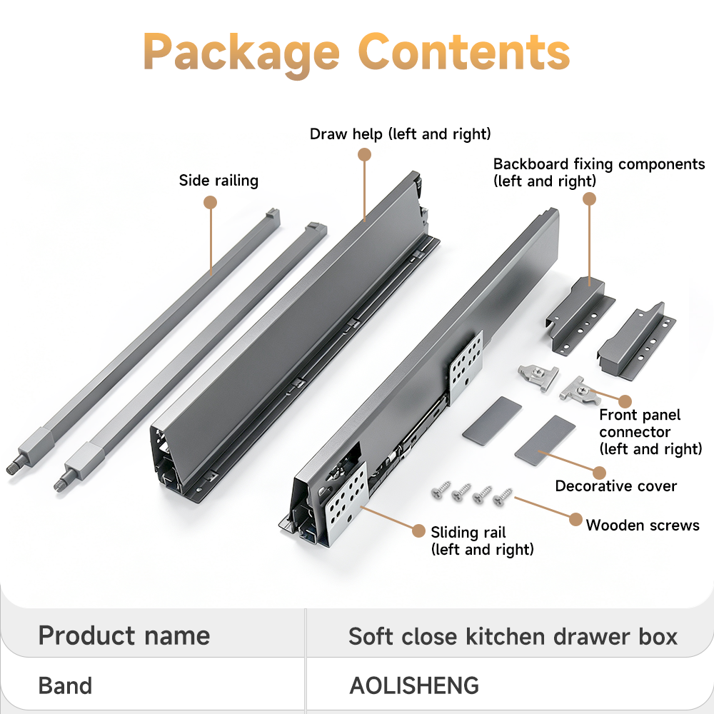 AOLISHENG Soft Close Black Kitchen Drawer Box Side Drawer Slide Rail Set Cabinet 1Pair——Height84mm