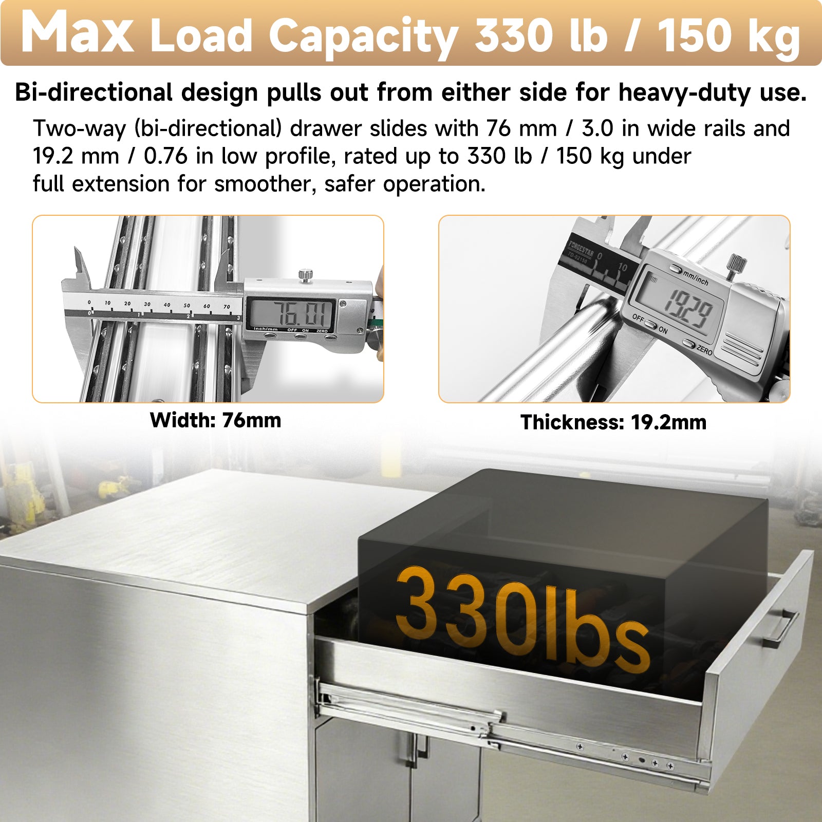 AOLISHENG Two-Way Heavy Duty Drawer Slides 330lb Load Capacity Bidirectional Side Mount Full Extension Ball Bearing Rails for Kitchen Islands,Service Counters, Retail Displays & Room Dividing Cabinets - 1 Pair (AQ7625K1)