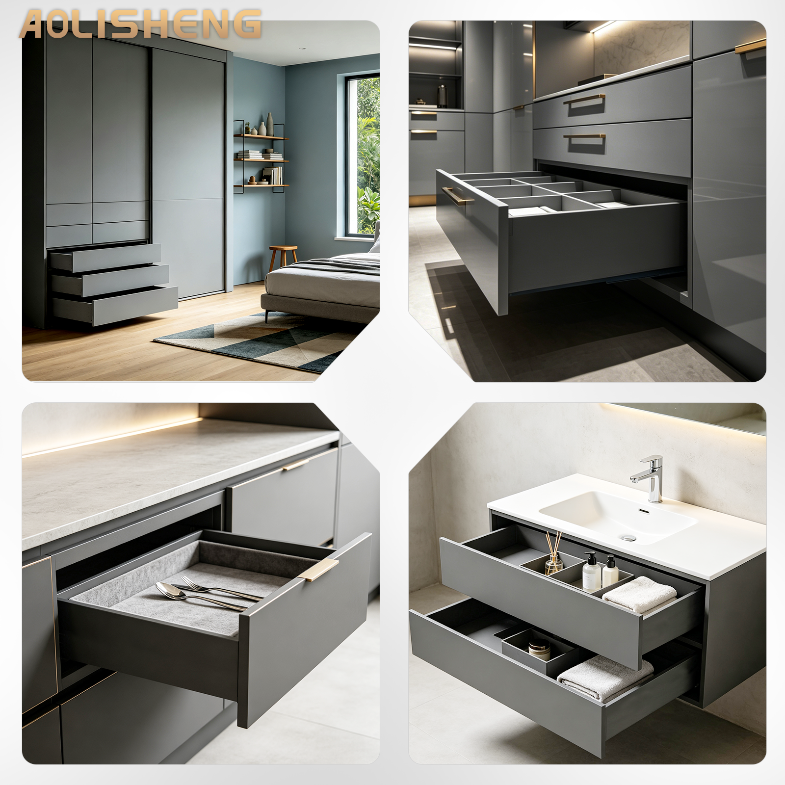 AOLISHENG Soft Close Black Kitchen Drawer Box Side Drawer Slide Rail Set Cabinet 1Pair——Height135mm