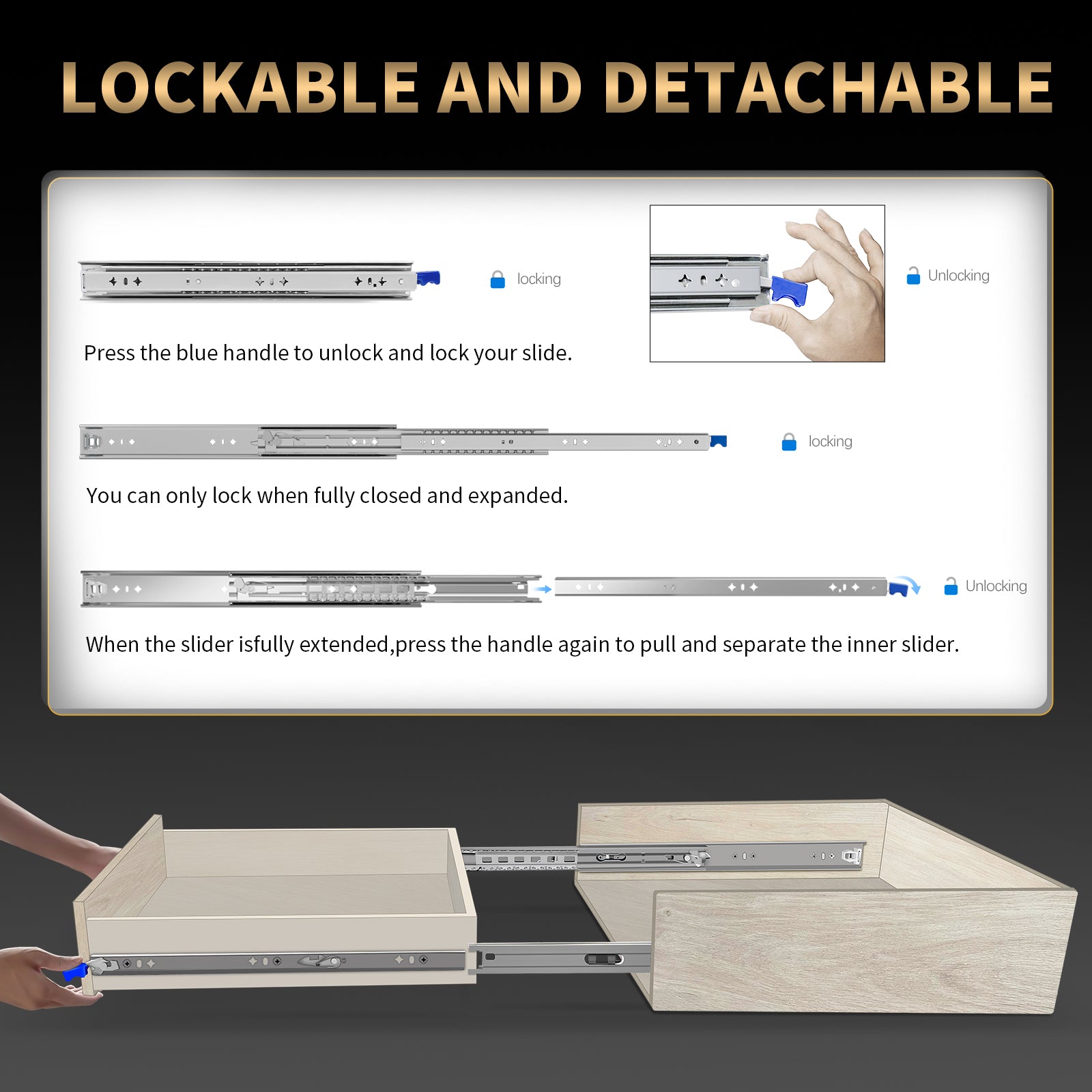 AOLISHENG 265lbs Camper Drawer Slides Side Mounted Heavy Duty Drawer Slides With Lock 1 Pair - D2053