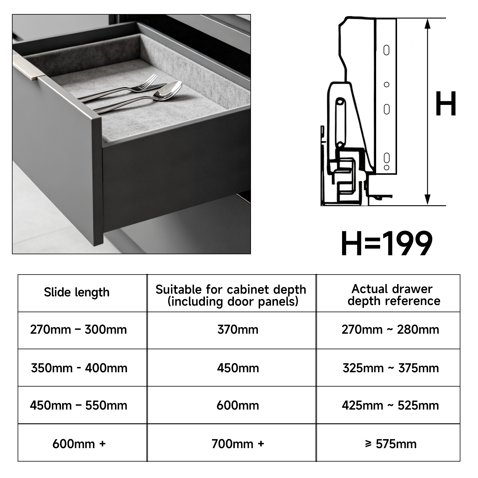 AOLISHENG Soft Close Black Kitchen Drawer Box Side Drawer Slide Rail Set Cabinet 1Pair——Height199mm