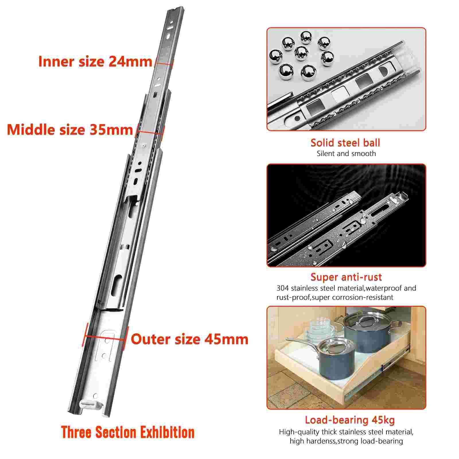 AOLISHENG 100lbs Thickened Stainless Steel Drawer Slides Full Extension Drawer Slides 2 Pair - U1245