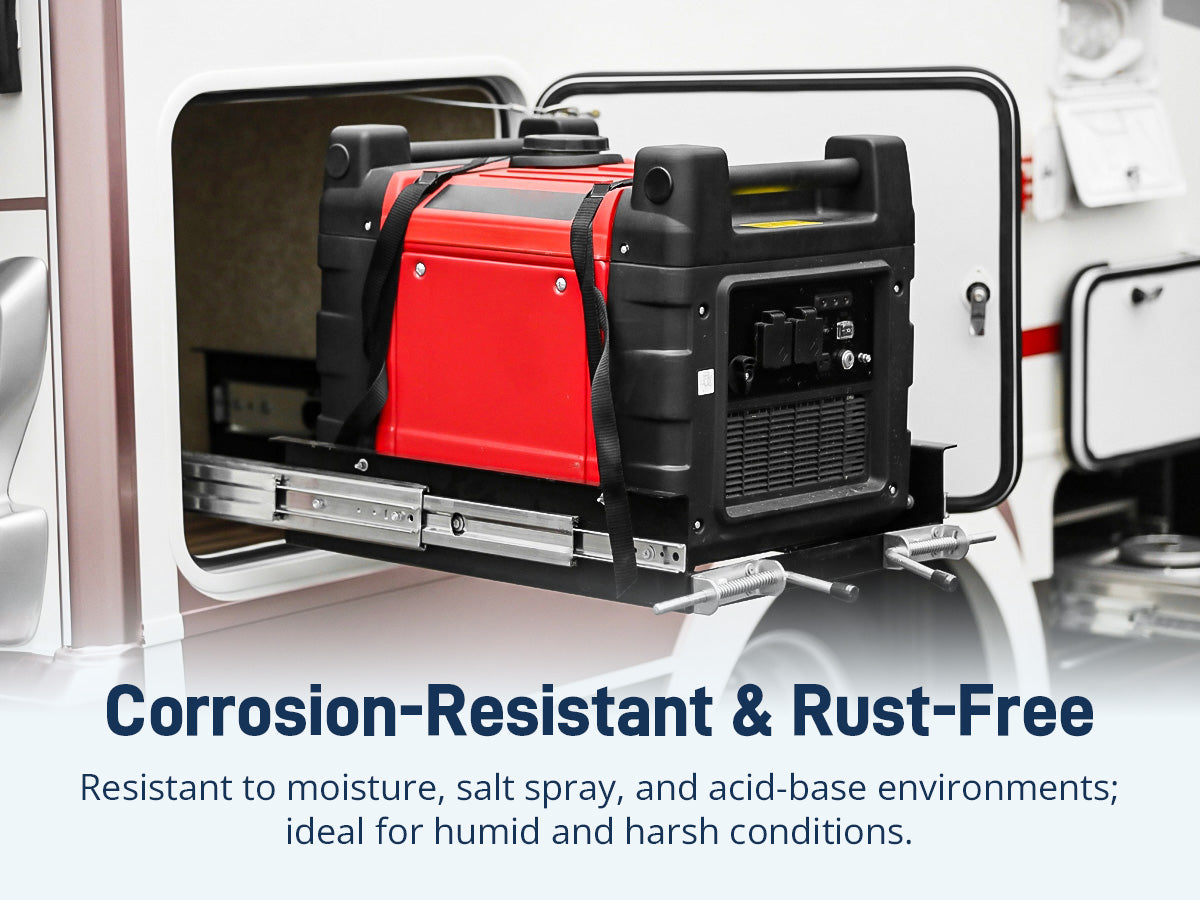 AOLISHENG corrosion-resistant heavy duty drawer slide platform installed in a van, showing rust-free performance for generators and outdoor equipment