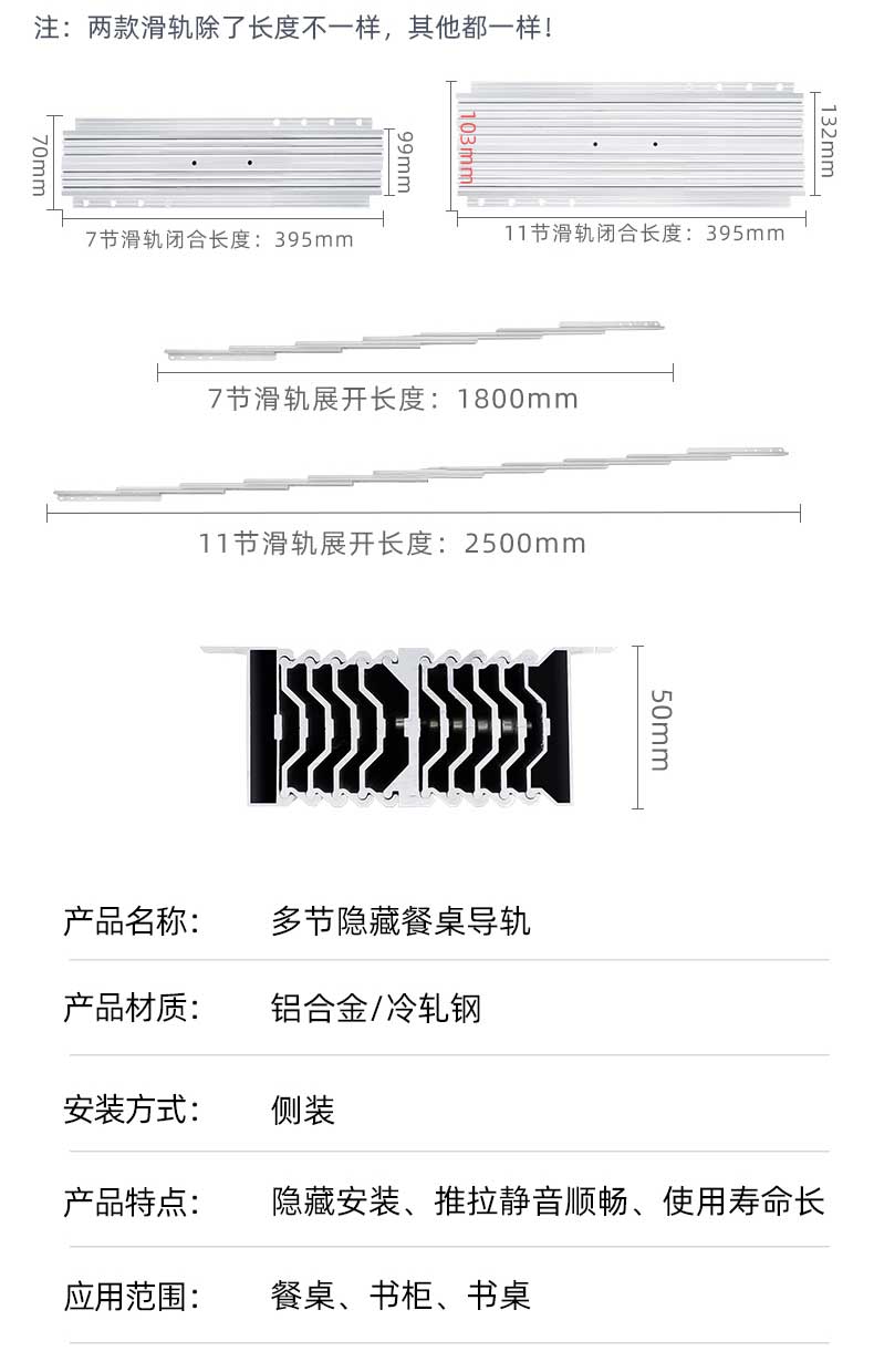 AOLISHENG Hidden Multi-Section Aluminum Drawer Slides Rail, Ultra-Long Telescopic Folding Flat Push Guide for Cabinet Bar Counters——50Pairs（Minimum Order Quantity）