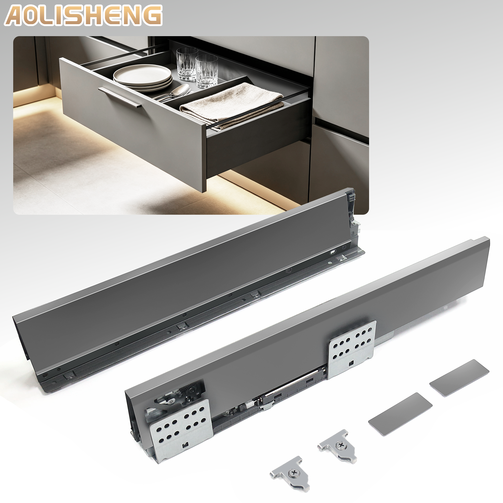 AOLISHENG Soft Close Black Kitchen Drawer Box Side Drawer Slide Rail Set Cabinet 1Pair——Height135mm