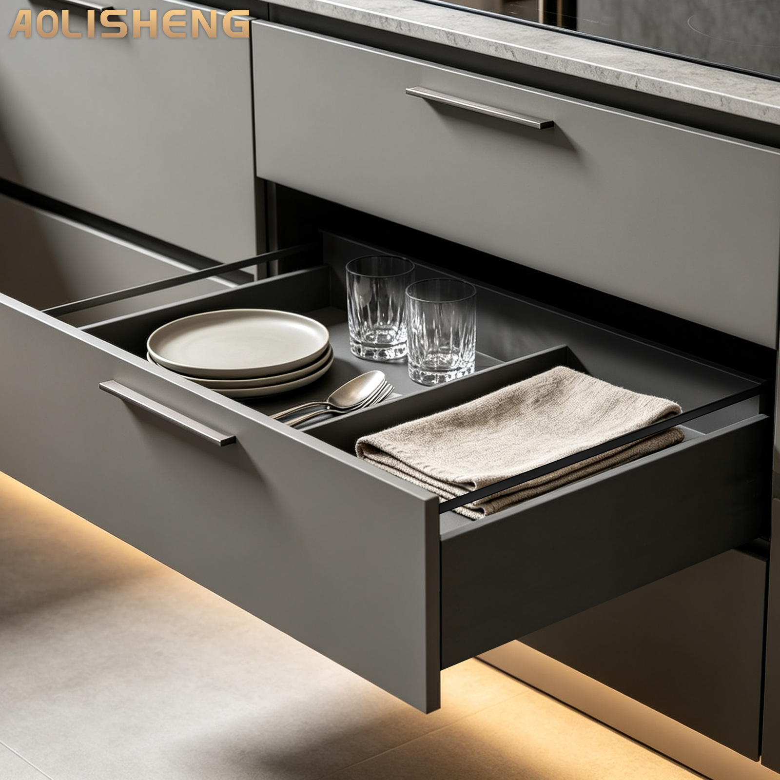 AOLISHENG Soft Close Black Kitchen Drawer Box Side Drawer Slide Rail Set Cabinet 1Pair——Height84mm