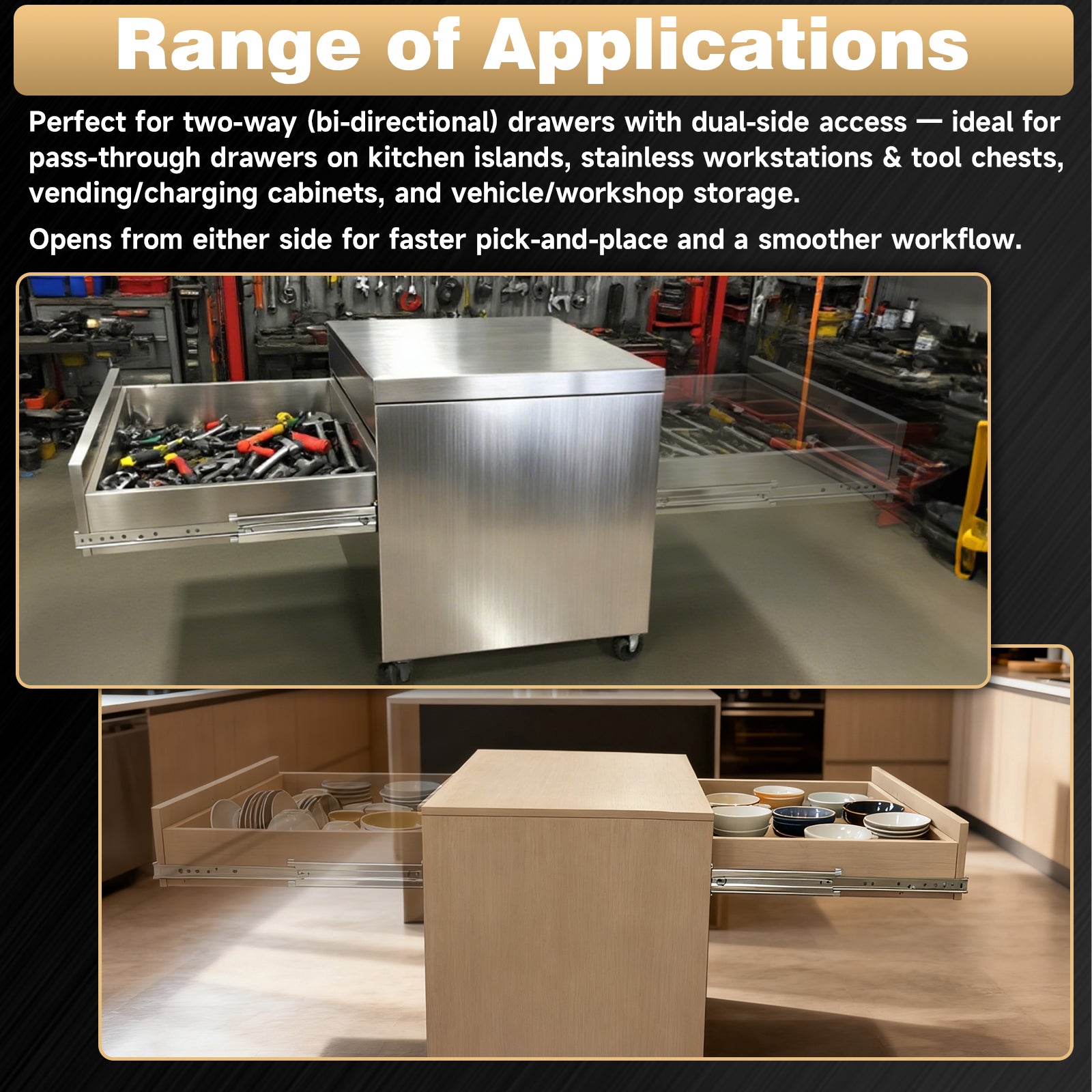 AOLISHENG Two-Way Heavy Duty Drawer Slides  330lb Load Capacity Bidirectional Side Mount Full Extension Ball Bearing Rails for Kitchen Islands,Service Counters, Retail Displays & Room Dividing Cabinets - 1 Pair (AQ7625K1)