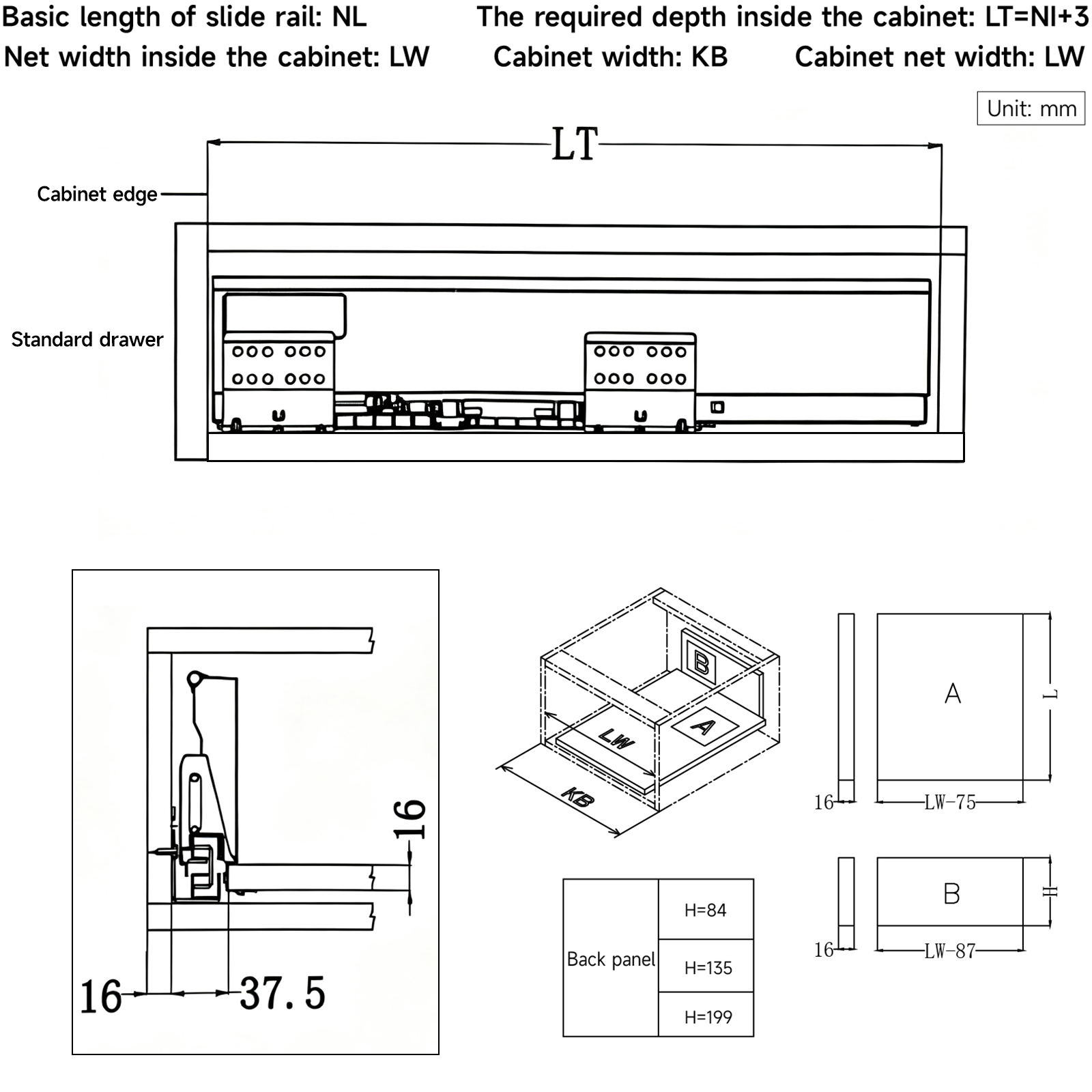 AOLISHENG Soft Close Black Kitchen Drawer Box Side Drawer Slide Rail Set Cabinet 1Pair——Height199mm