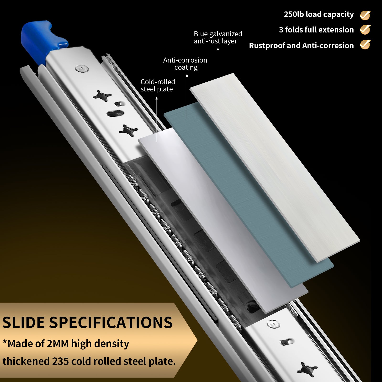 AOLISHENG 265lbs Camper Drawer Slides Side Mounted Heavy Duty Drawer Slides With Lock 1 Pair - D2053