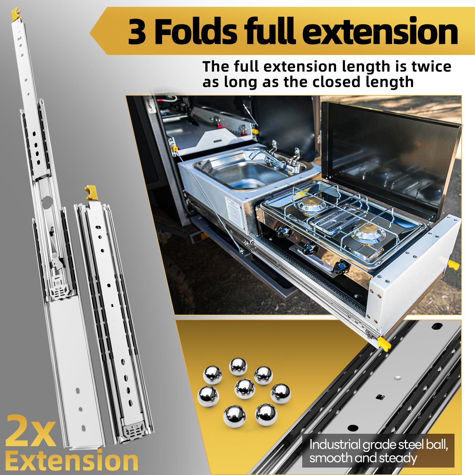AOLISHENG 500 lb Heavy-Duty Drawer Slides – Stable Full Extension for RV, Outdoor Kitchen, Camper DIY, 1 Pair (D2576)