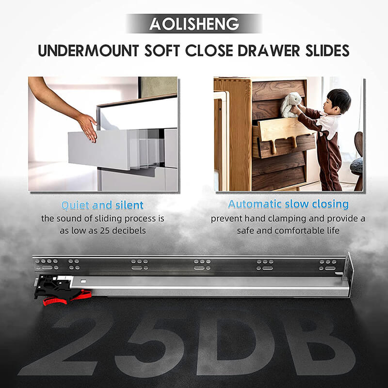 AOLISHENG 80lbs Undermount Soft Close Drawer Slides For Kitchen Cabinets 2 Pair - MK316