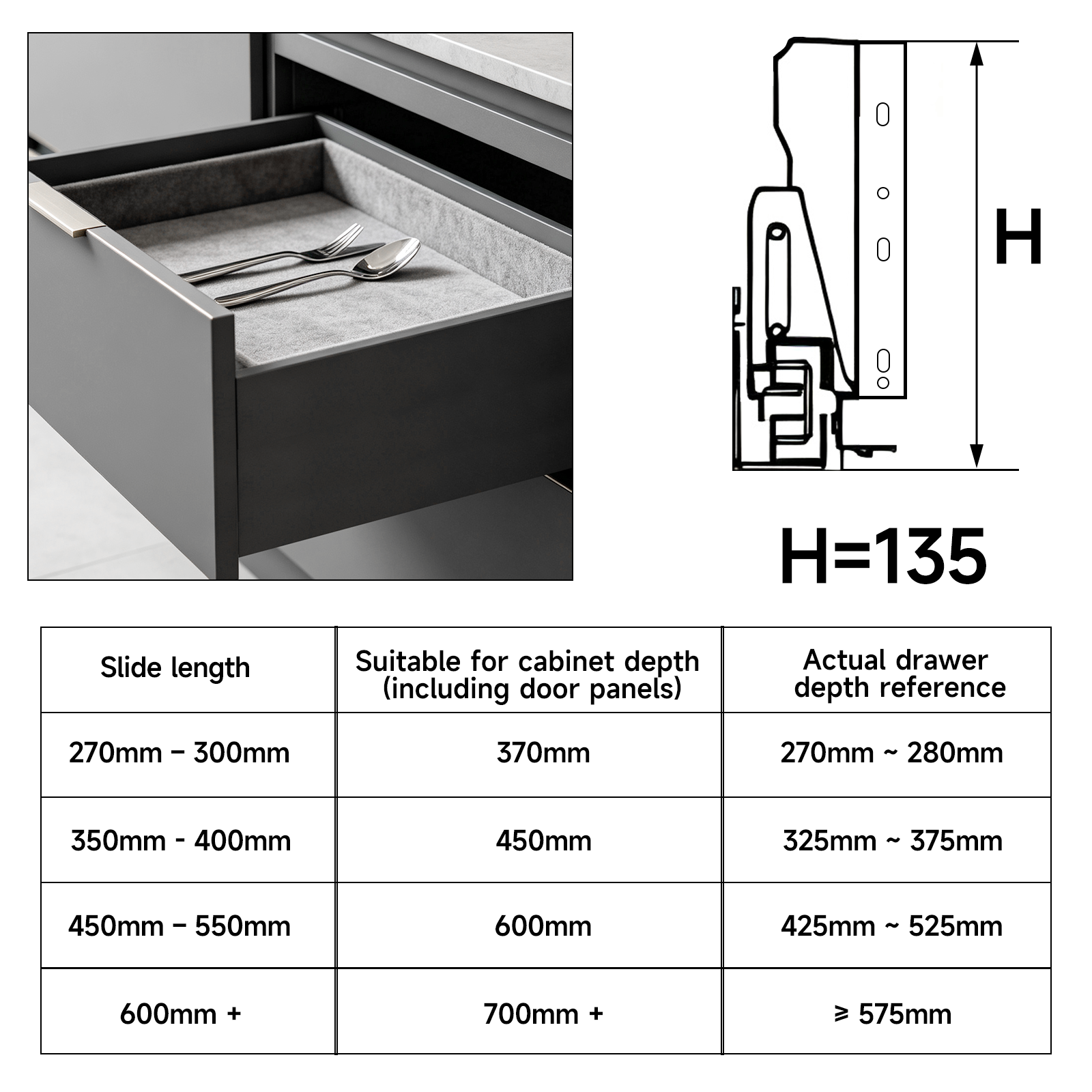 AOLISHENG Soft Close Black Kitchen Drawer Box Side Drawer Slide Rail Set Cabinet 1Pair——Height135mm