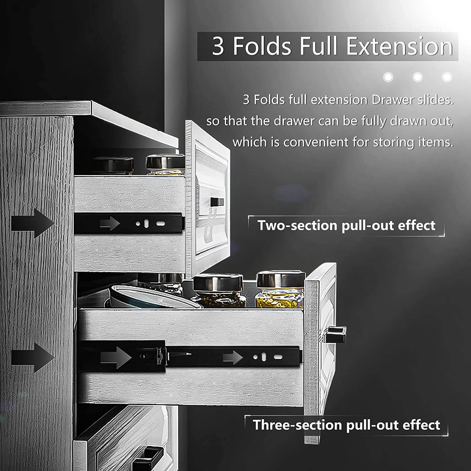 1 Pair Full Extension Drawer Slides Rails 100 LB Load Capacity Side Mount Ball Bearing File Cabinet Trash Can Slider