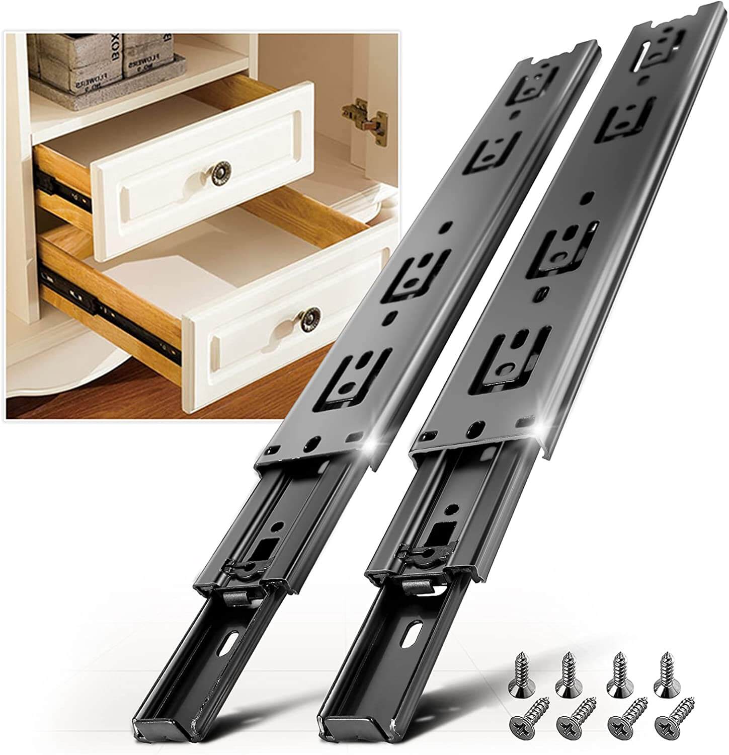 1 pair Full Extension Drawer Slides Rails 100 LB Load Capacity Side Mount Ball Bearing File Cabinet Trash Can Slider